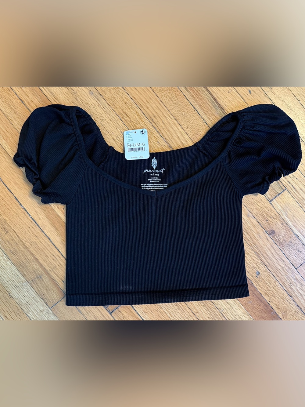 NWT Free People FP Movement Good Karma Ruched Puff Sleeve Crop Top Black M/L